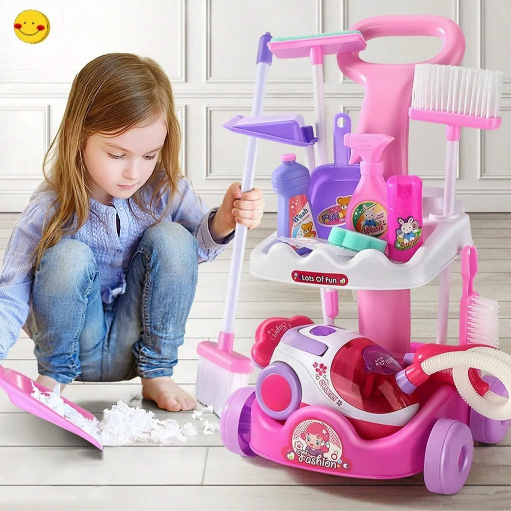 Housekeeping Cleaning Trolley Playset Caddy Includes Accessories and Toy Vacuum with Sounds and Lights Pretend Play for Girls