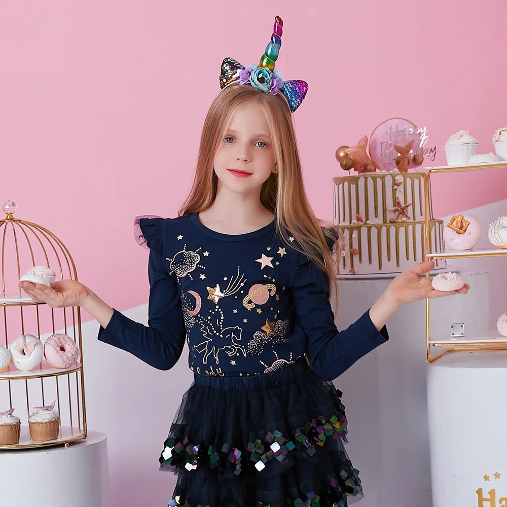 VIKITA Girls Cartoon Sequined Appliqued T Shirts Kids Long Sleeve Autumn Spring Cotton T Shirts Kids Casual Wear Tops and Tees