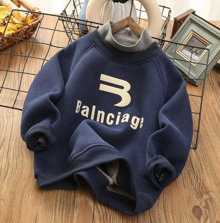 Boys' Big Kids Winter 2025 New Fake Two-Piece Fleece-Lined Mid-Collar Thickened Stylish Base Layer Sweatshirt Tops