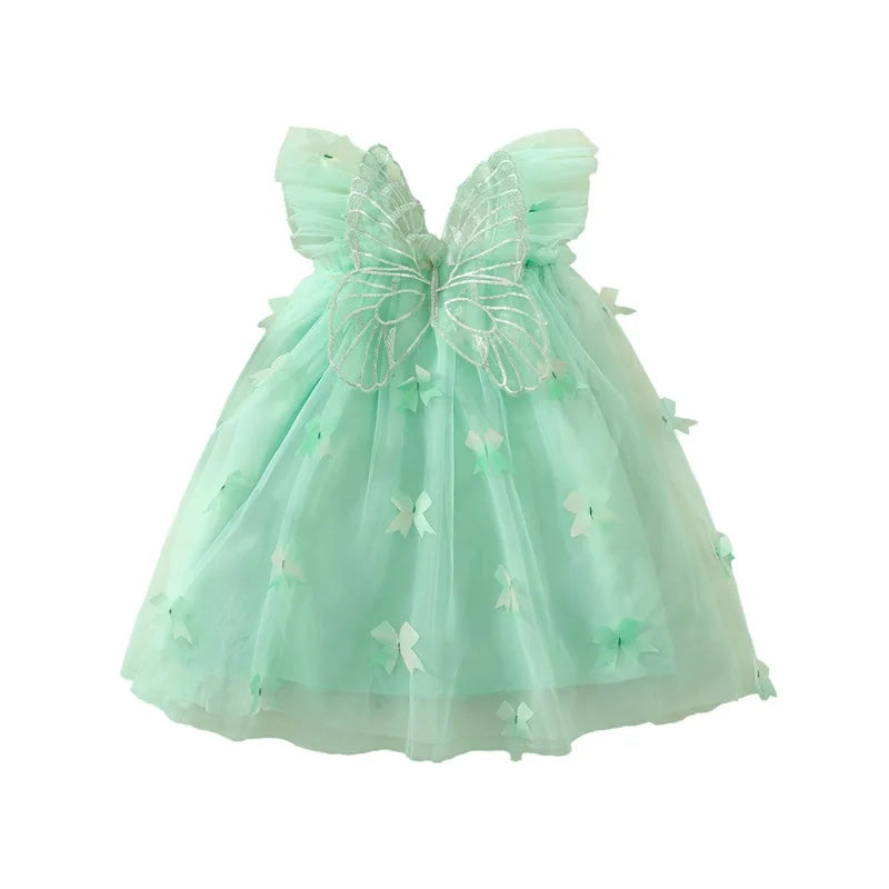 Elegant Baby Girl Lace Dress Sleeveless Square Neck Bow Tulle Princess Dress Toddler Party Dress with Angel Wings