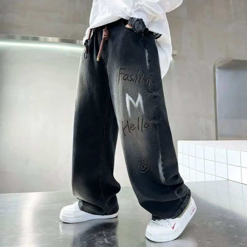 Boys' Trendy Streetwear Jeans for Spring/Fall - Loose Fit Straight-Leg Wide-Leg Denim Pants for Boys 8-14