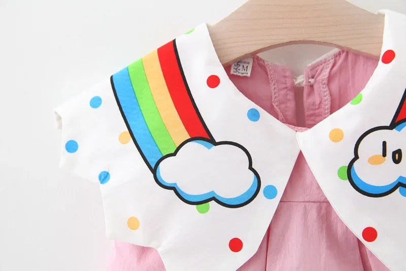 New Children's Clothing Summer Girls Rainbow Cloud Big Flip Collar Contrast Sleeveless Dress Korean Cartoon Dress