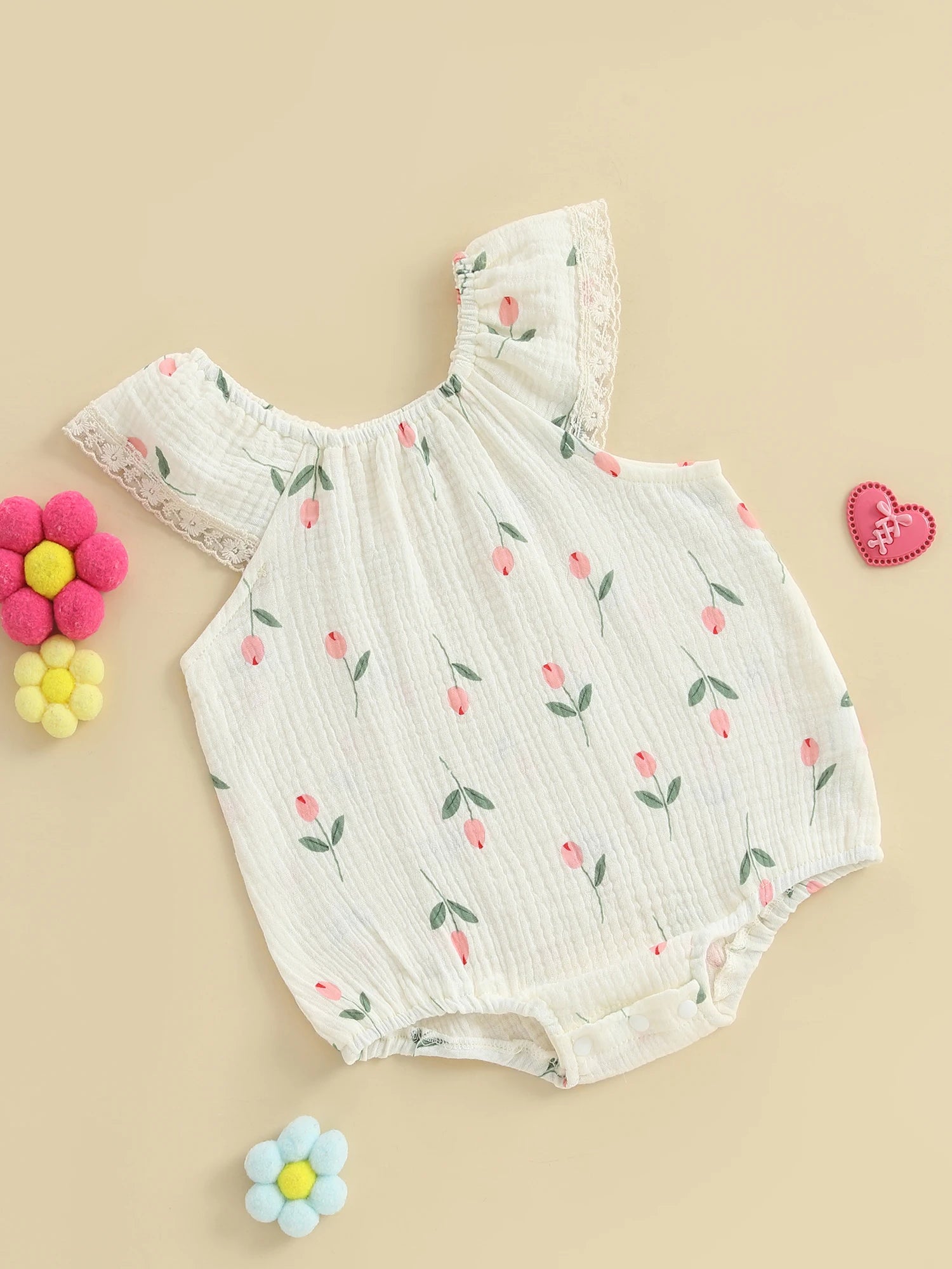 Toddler Girl Sleeveless Romper with Floral Print and Lace Detail Round Neck Jumpsuit for Summer Cute Bubble Bodysuit
