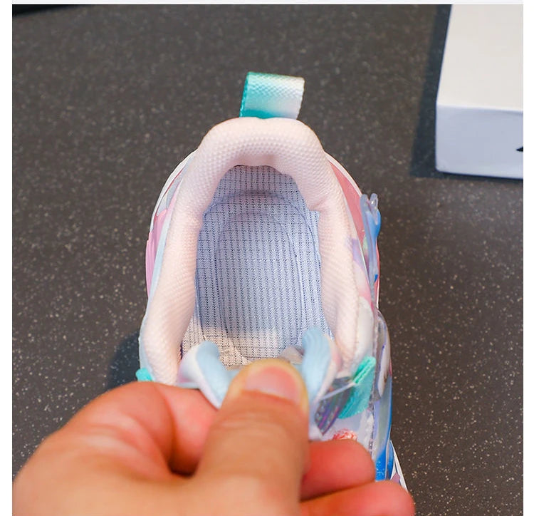 Disney LED Casual Sneakers Spring Girls Frozen Elsa Princess PU Leather Shoes Children Lighted Non-slip Pink Size 23-35