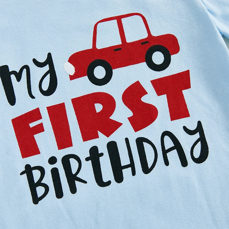 Toddler Boy Birthday Clothes Short Sleeve One Print Romper Car Pattern Long Pants Hat 3 Piece Outfit Set for Boys