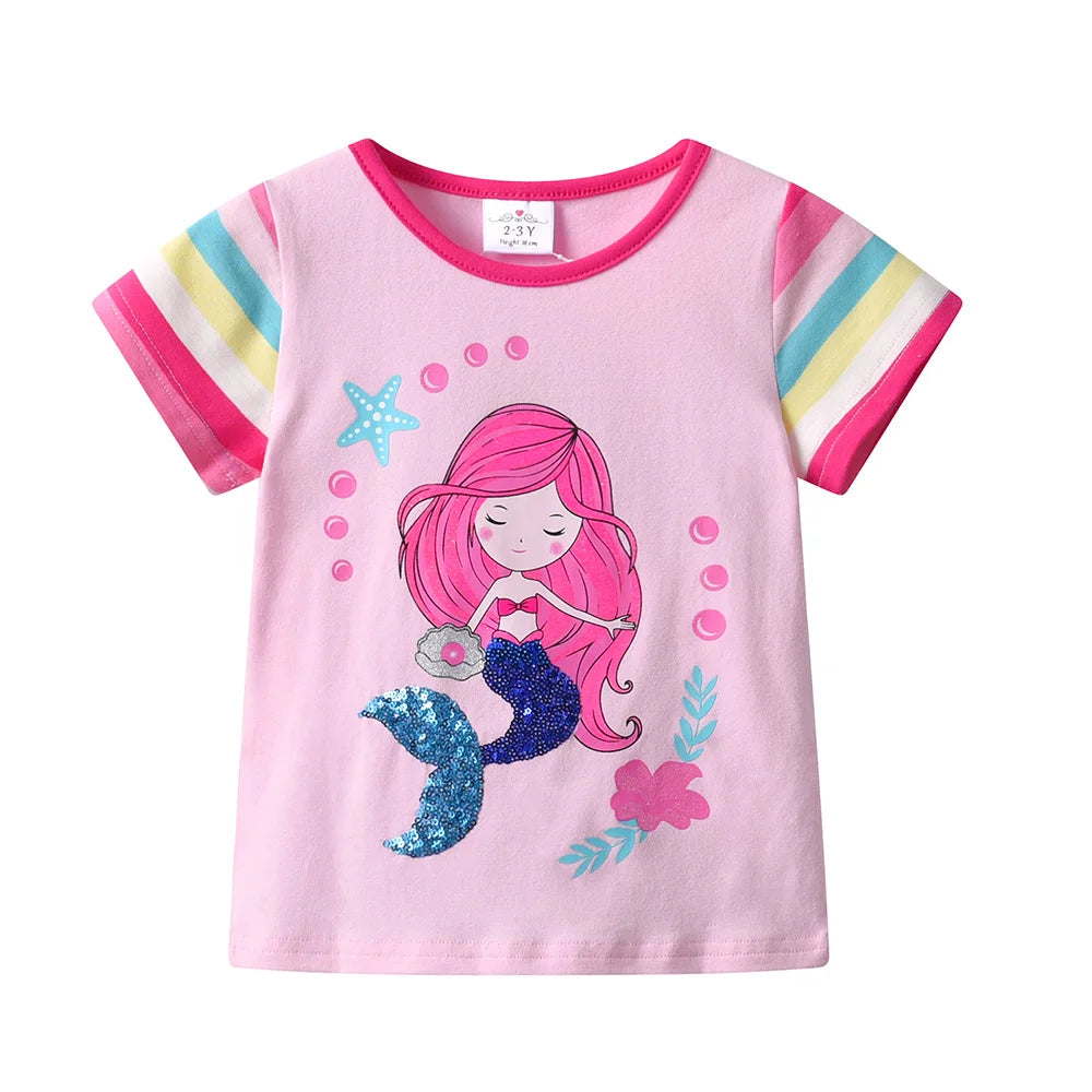 VIKITA Girls Mermaid Print Cartoon T Shirt Kids O Neck Summer Short Sleeve T Shirts Girls Pink Cotton Casual Tops and Tees Wear