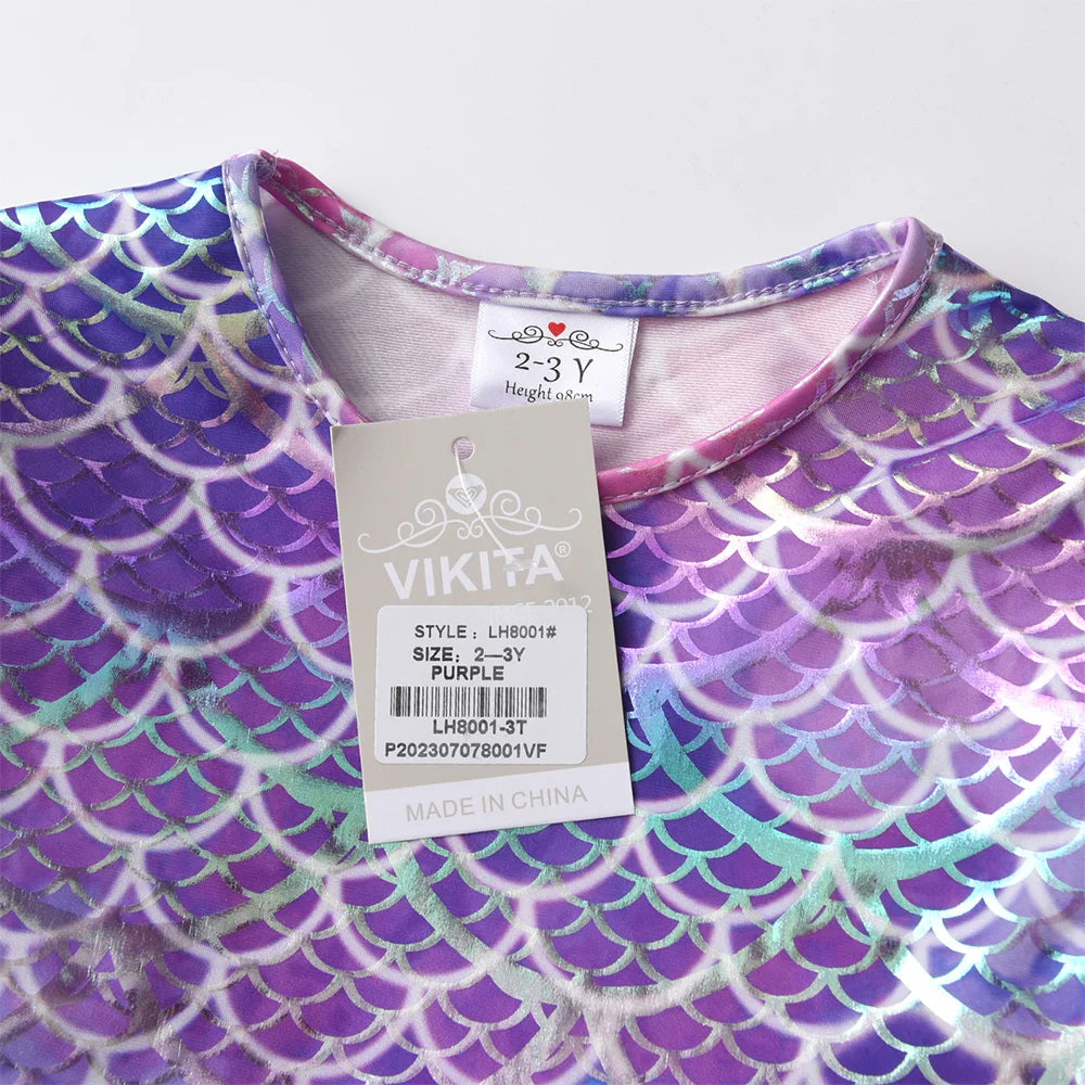 VIKITA Girls Princess Dress Long Sleeve Children Mermaid Print Dress Kids Irregular Prom Gown Tutu Girls Party Tulle Costumes
