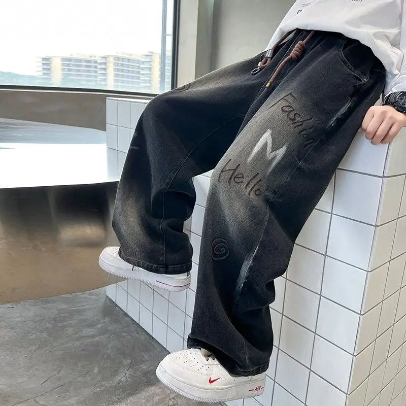 Boys' Trendy Streetwear Jeans for Spring/Fall - Loose Fit Straight-Leg Wide-Leg Denim Pants for Boys 8-14