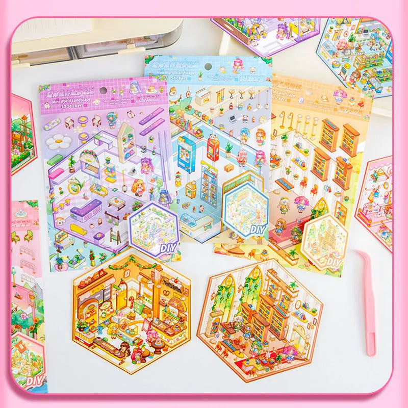 DIY 3D Sticker+Tweezers Cartoon Pocket Princess Room Scene Stacking and Pasting Festival Birthday Gift for Kid Child Student