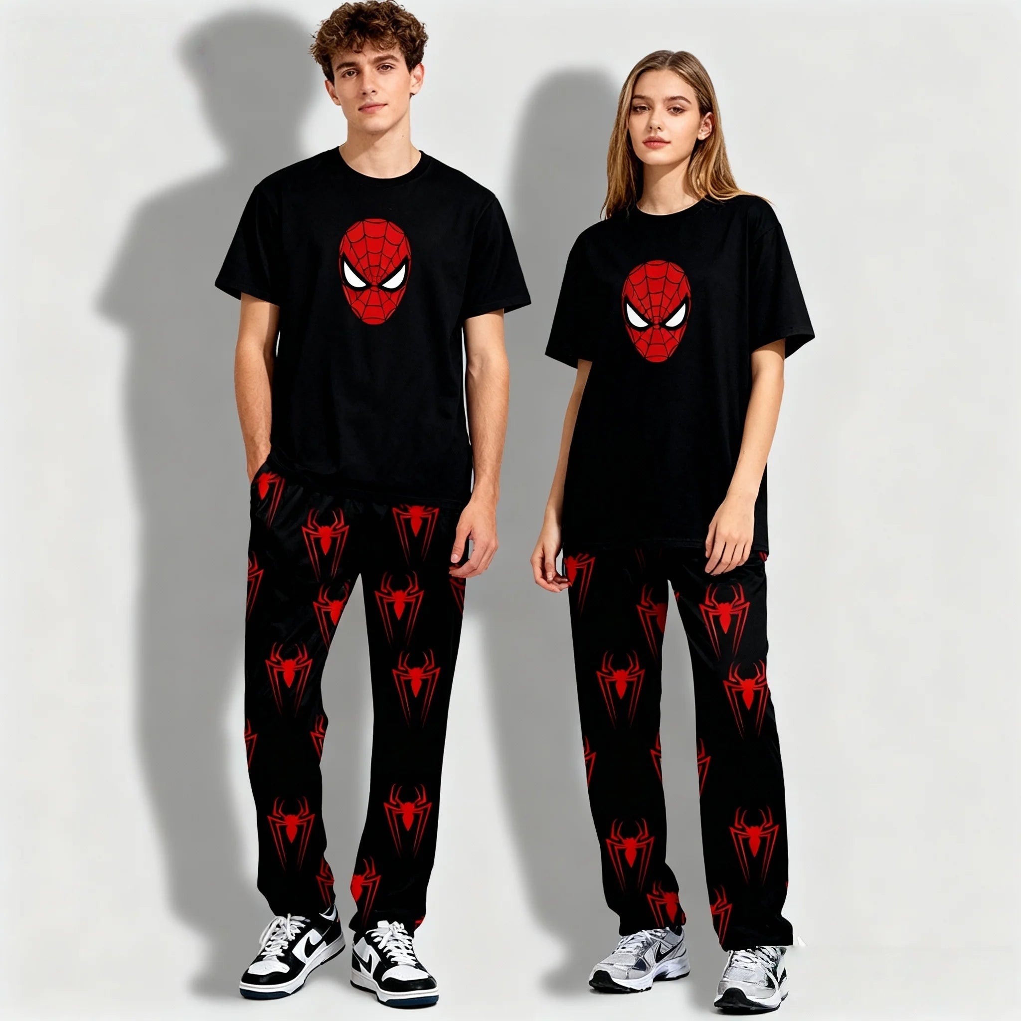 Spring and Autumn Hot Disney Series Sweet and Cool Spider Man Short Sleeved Pants Set for Adults and Children Parent Child Set
