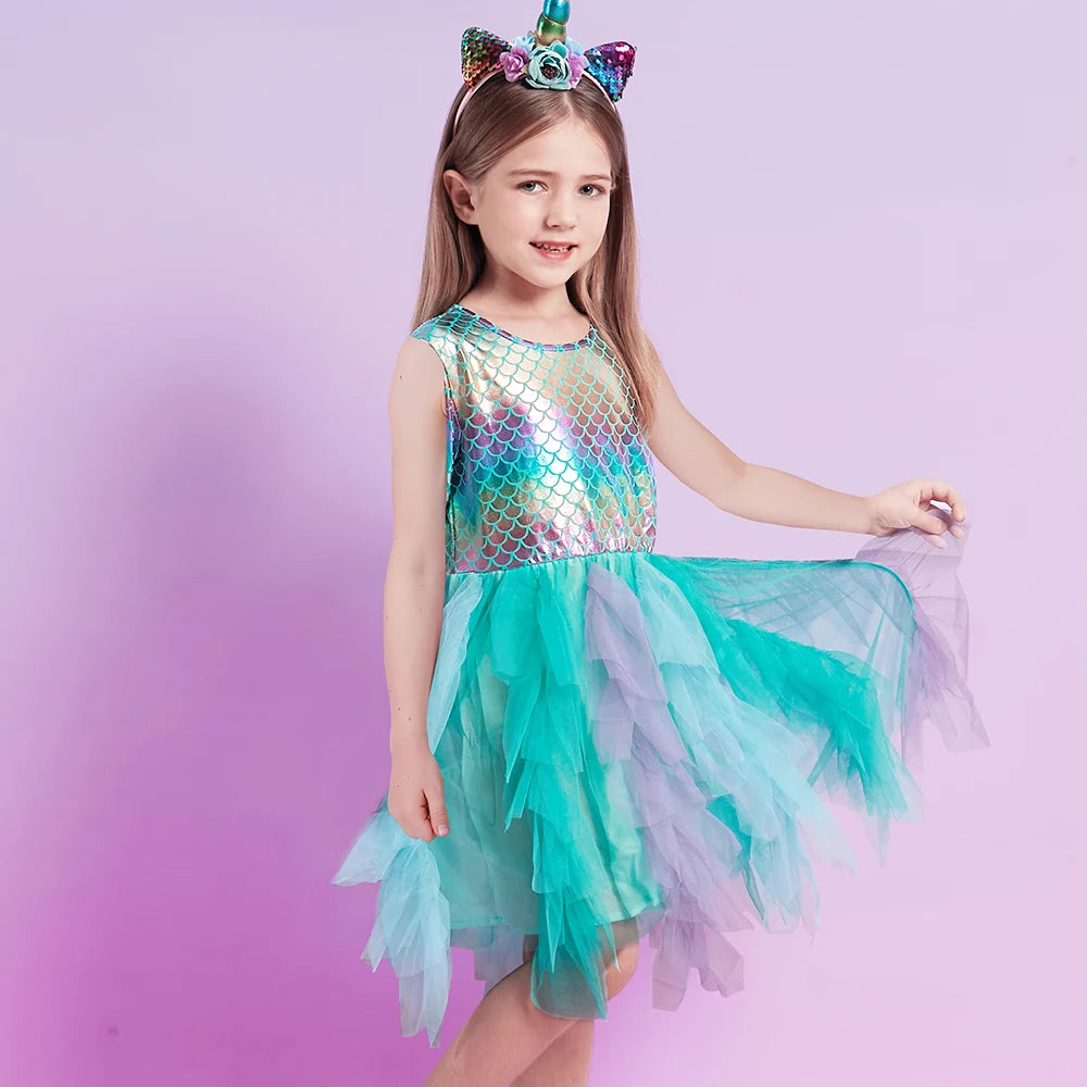 VIKITA Kids Summer Sleeveless Dresses Girls Mermaid Dress Girls Birthday Party Tutu Mesh Mesh Layered Dresses Kids Clothes 3-8Y