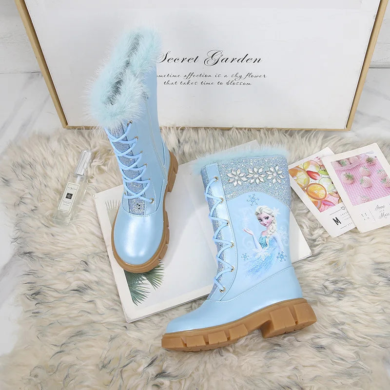Disney Girls' Princess Elsa Frozen Boots Children's Long Sleeve Boots Women's Cotton Winter Plush Thickened High Sleeve Boots