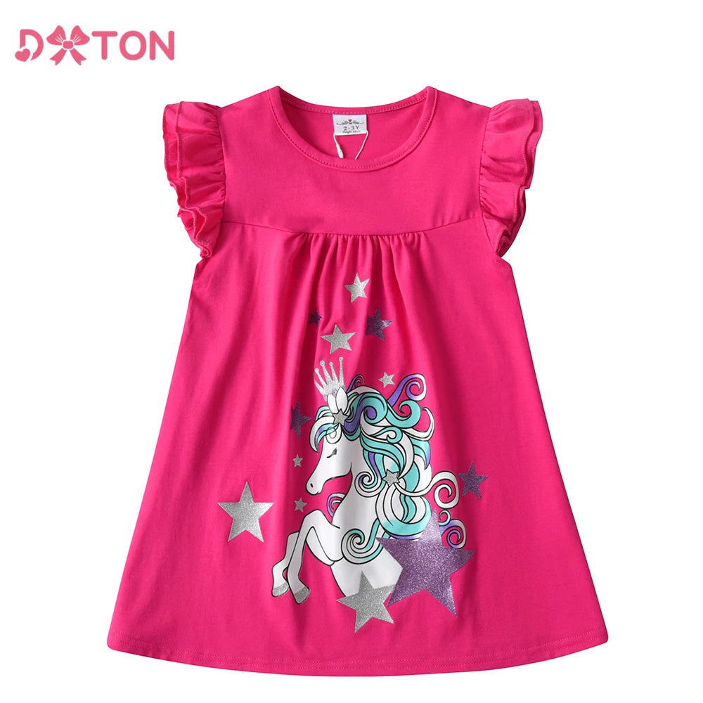 DXTON Summer Girls Dresses Unicorn Children Flying Sleeve Dress Cartoon Toddlers Casual Straight Dresses Kids Clothing 3-12 Year
