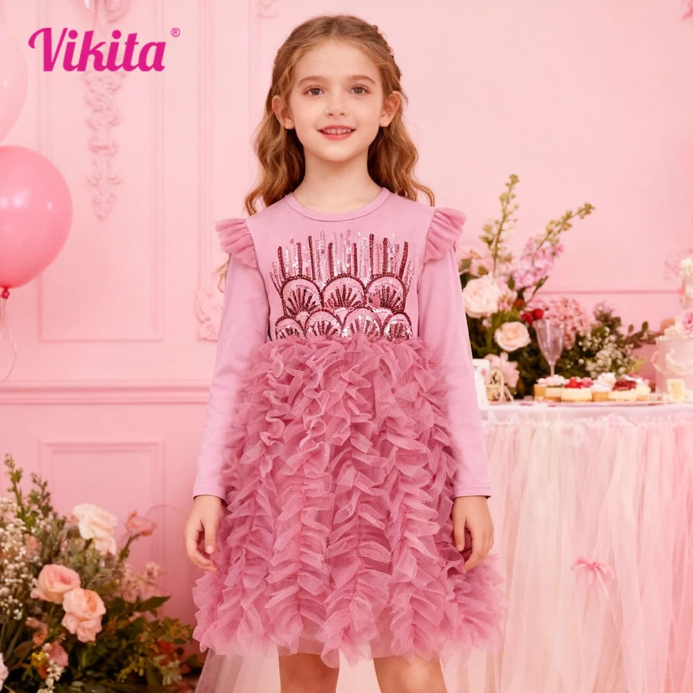 Girls Pink Ruffled Tulle Layered Mesh Cake Tutu Dress Kids Sequins Appliqued Glittery Shiny Performance Party Princess Dresses