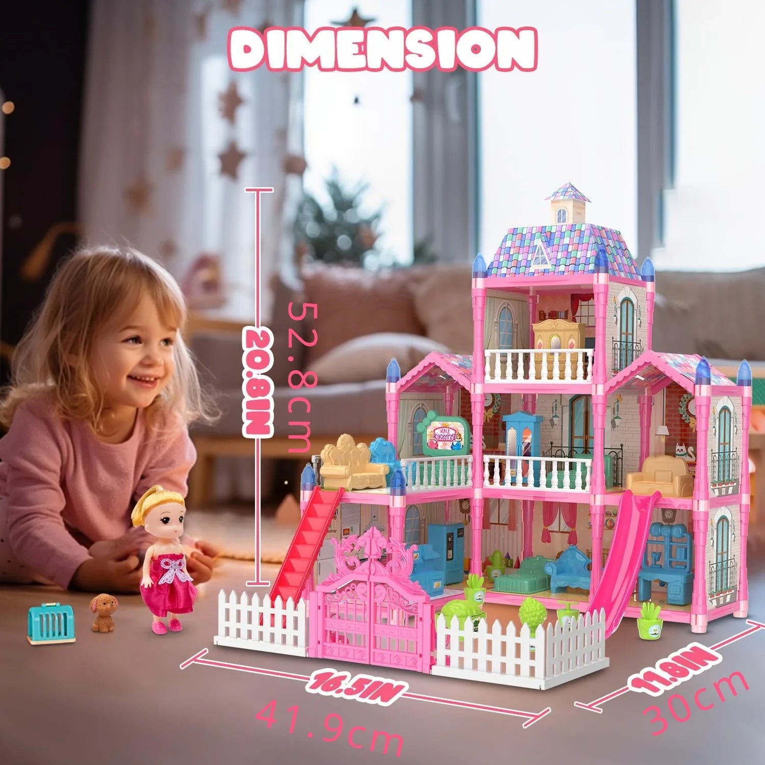 Luminous Doll House Dreamhouse for Girls Princess Playhouse Set with Dolls Furniture Accessories Pretend Play Birthday Gifts