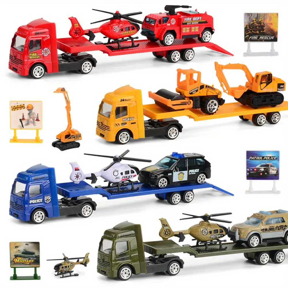 Play Vehicles Set Toy Construction Police Car Fire Engine Truck Playset Friction Powered Engineering Toy for Boys Girls Toddlers