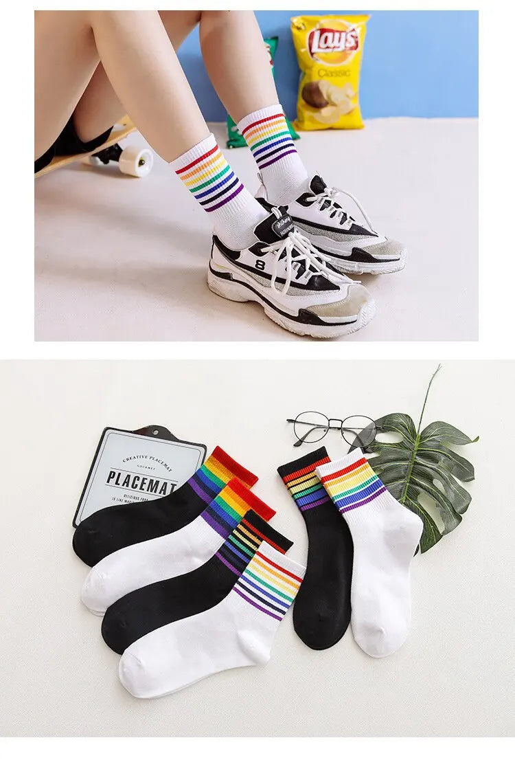Socks Womens Medium Tube Autumn Ins Trendy Thin Ttriped Rainbow Socks Japanese Cute Candy Color High Top Stocking