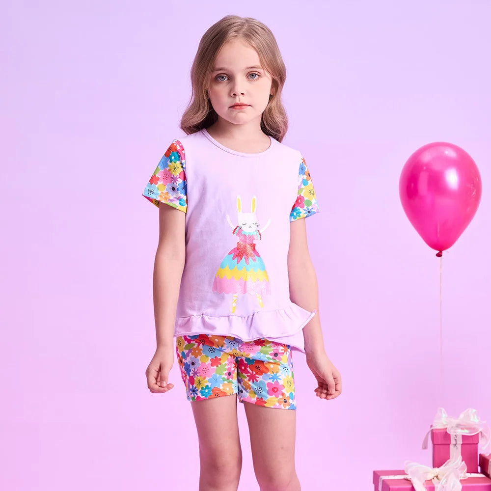 VIKITA Girls Clothing Sets for Summer Kids Rabbit Floral Print Cotton Short Sleeve T Shirt and Pants 2 Pcs Suit Clothes Sets