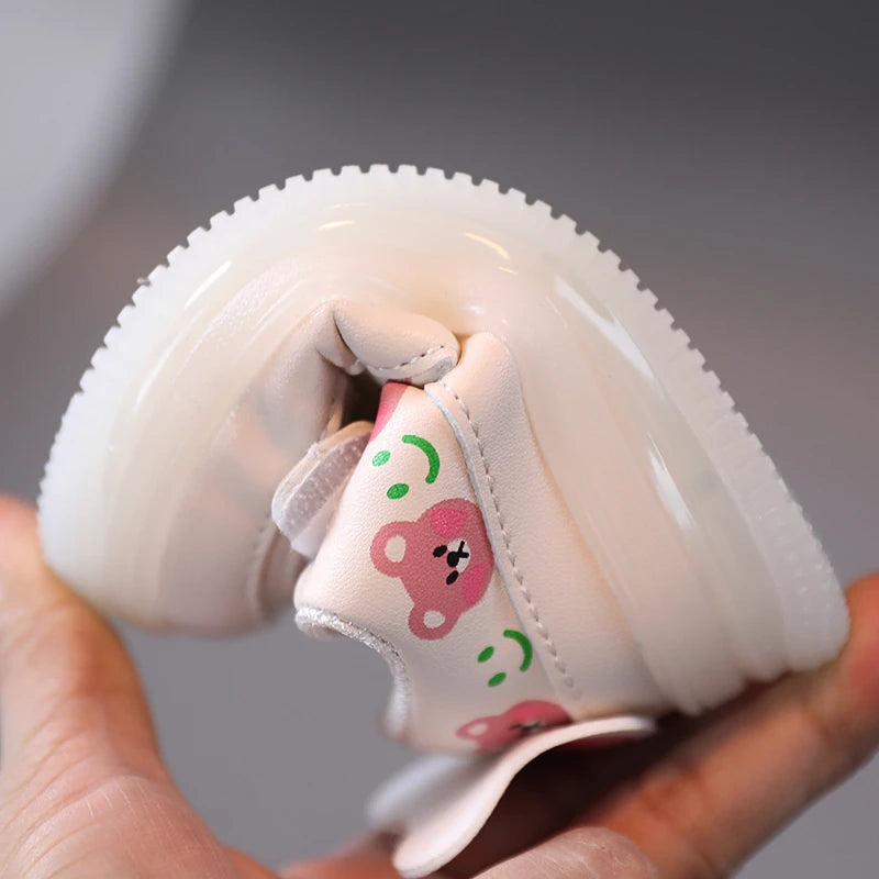 Disney LED Casual Sneakers For Spring Outdoor Cartoon Shoes Children Lighted Non-slip PU Leather Bear White Shoes Size 21-30