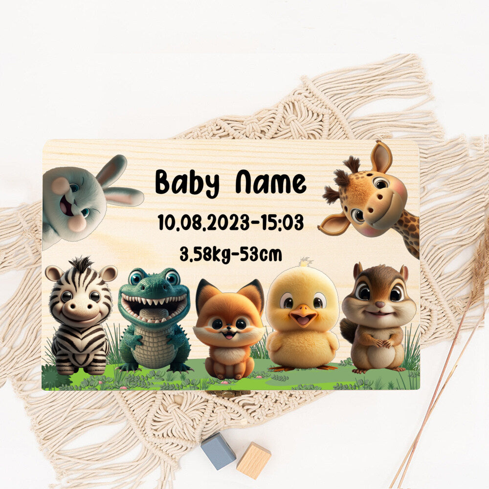 Personalized Baby Memory Box Custom Forest Animal Wooden Box Newborn Shower Gift Infant Birth Stats Present Baby Storage Box