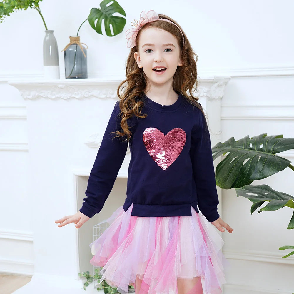 VIKITA Girls Heart Sequined Dress Kids Sweatshirt Dresses Children Long Sleeve Autumn Winter Birthday Party Princess Costumes