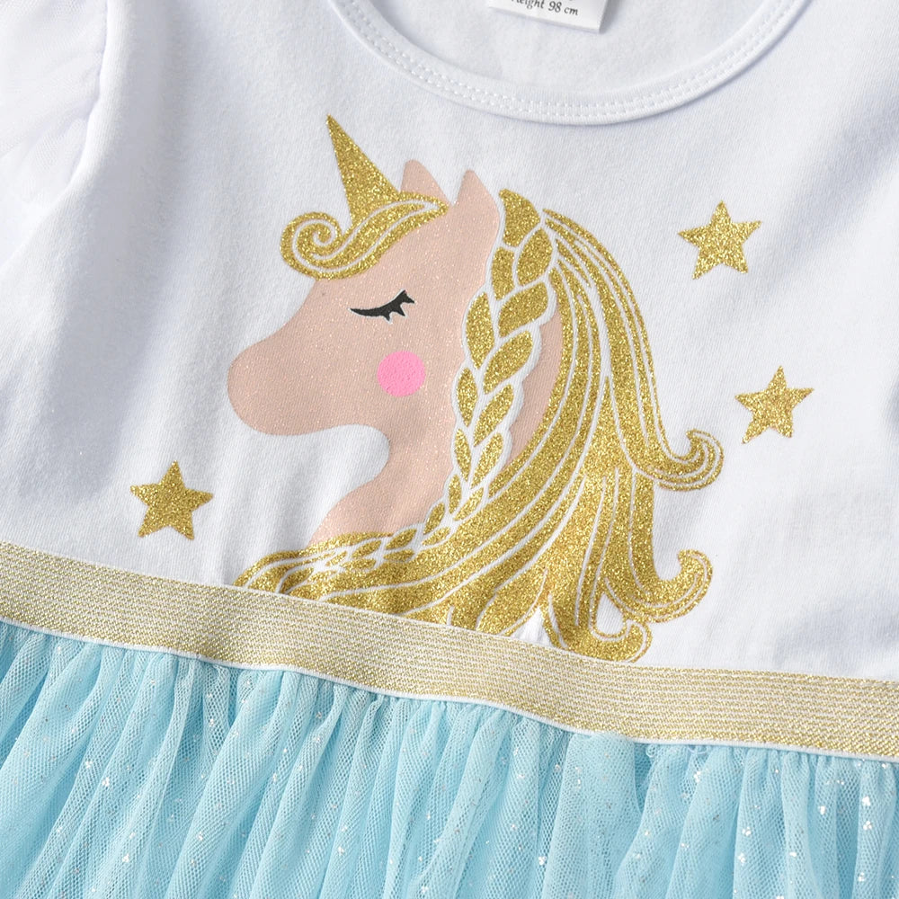 VIKITA Kids Licorne Cartoon Print Dress Girls Flare Sleeve Autumn Spring Winter Vestidos Girls Princess Mesh Tulle Party Dress