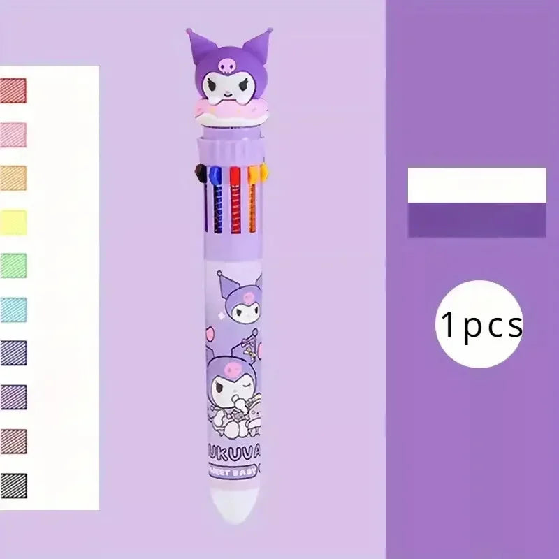 Sanrio 10-Color Ballpoint Pen Set - Kuromi Hello Kitty Cinnamoroll Kawaii 0.7mm Gel Pens for School Office Stationery Drawing Wr