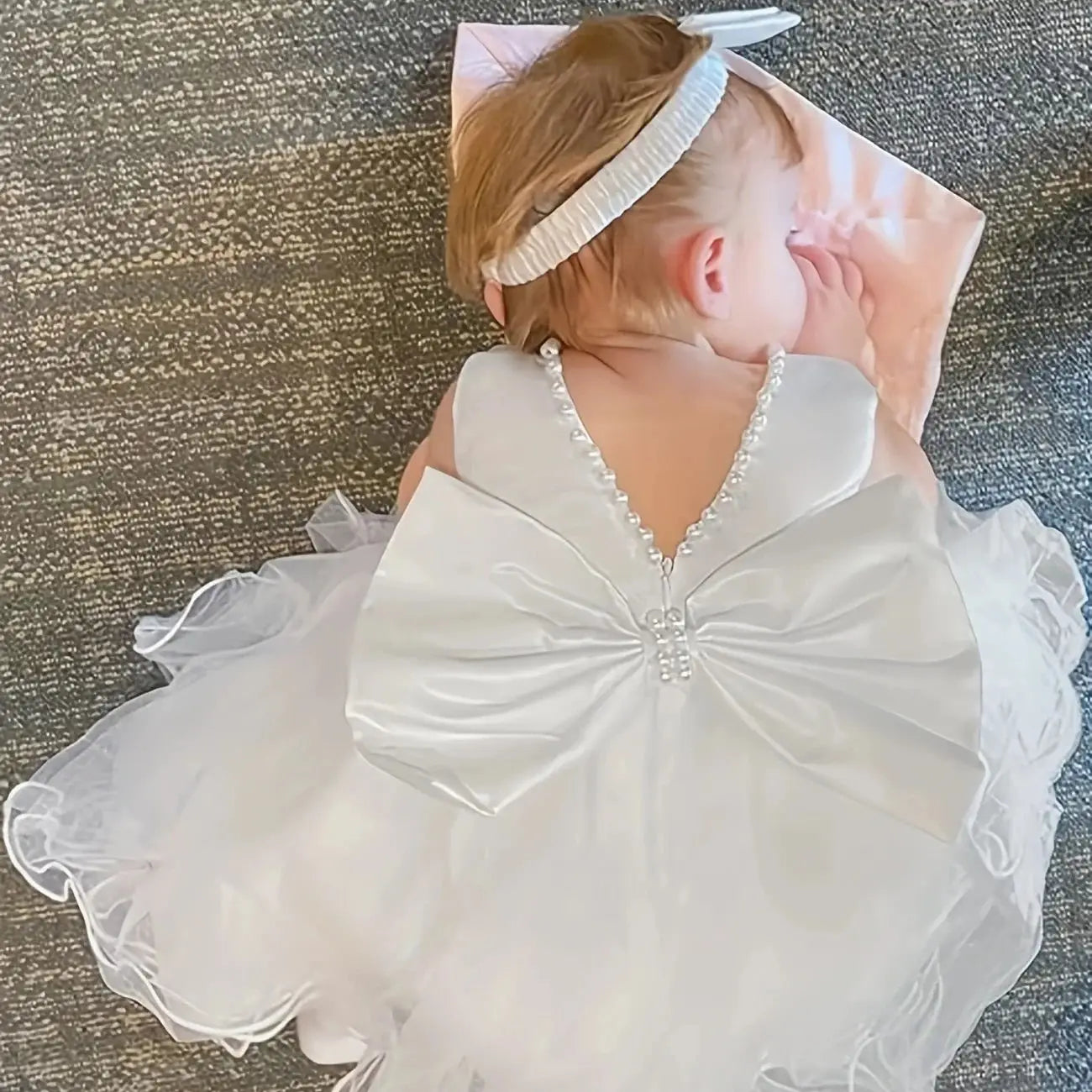 Infant Baby Tulle Backless Pageant Wedding Party Flower Girls Big Bow Dress With Headwear For Toddler Baptism Birthday Prom Gown