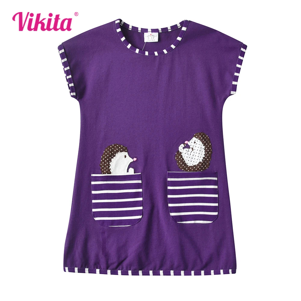 VIKITA Girls Purple Dress Kids Summer Cotton Casual Daily Dresses Girls Hedgehog Print Cartoon Dress with Pockets Kids Clothing