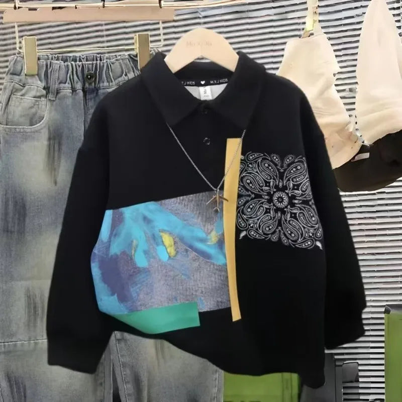 Boys' Medium-Large 2025 New Spring/Autumn No Hood Street-Style Casual Polo Collar Layering Top Trendy Kids Sweatshirt