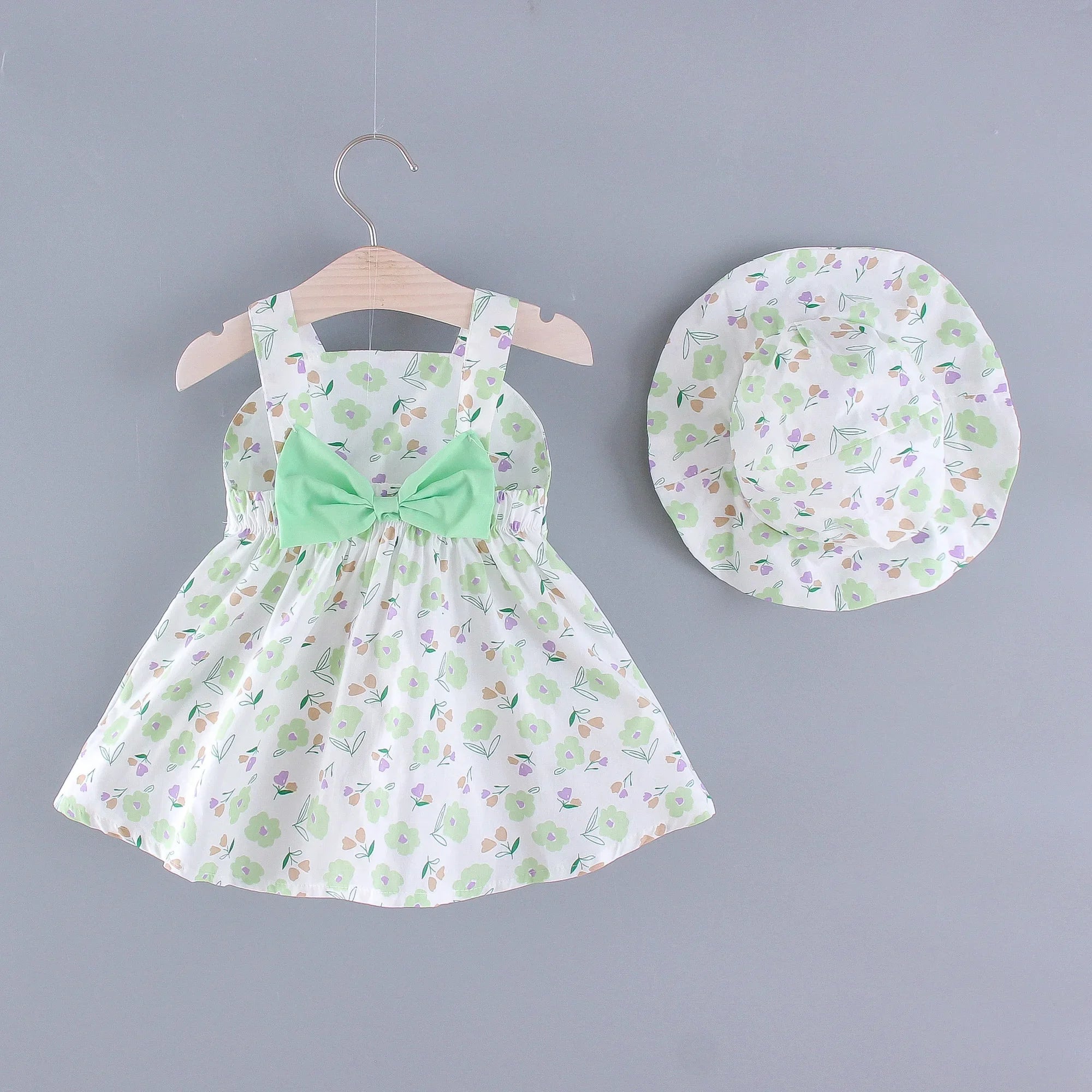 Girls' New Summer Dress Children's Small Flower Print Back Elastic Waist Solid Bow Princess Dress and Hat Two Piece Set