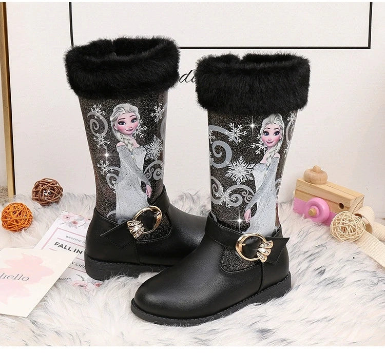 Disney Girls' Leather Boots Winter Cartoon Frozen Boots Zipper High Plush Princess Elsa Boots Warm Children's Boots Size 25-36