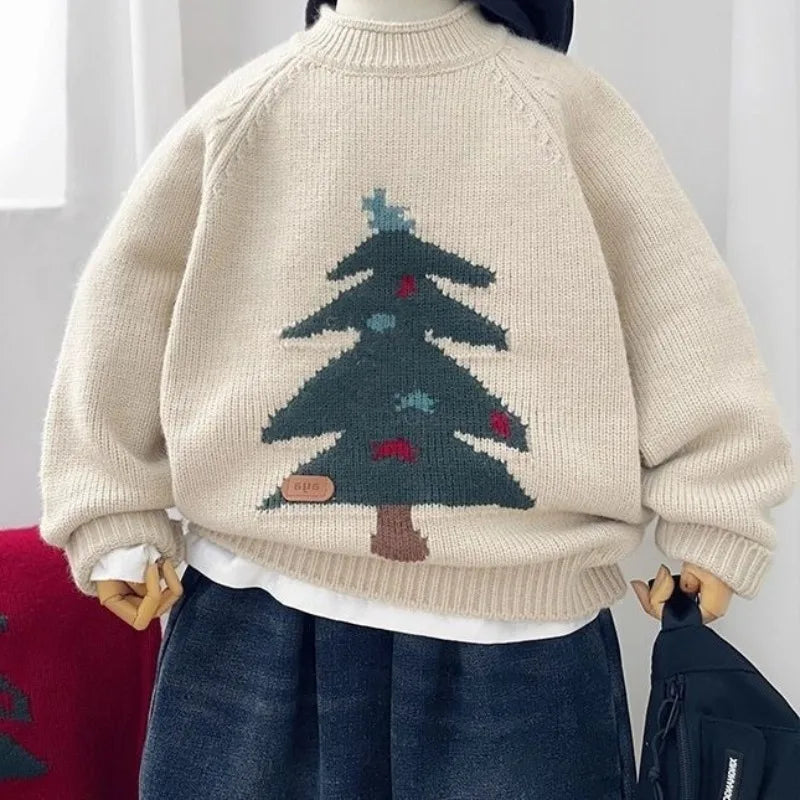 Korean Style Knitted Jacquard Sweater for Boys, Christmas/New Year Festive Crewneck Knitwear, Spring Autumn Stylish Versatile