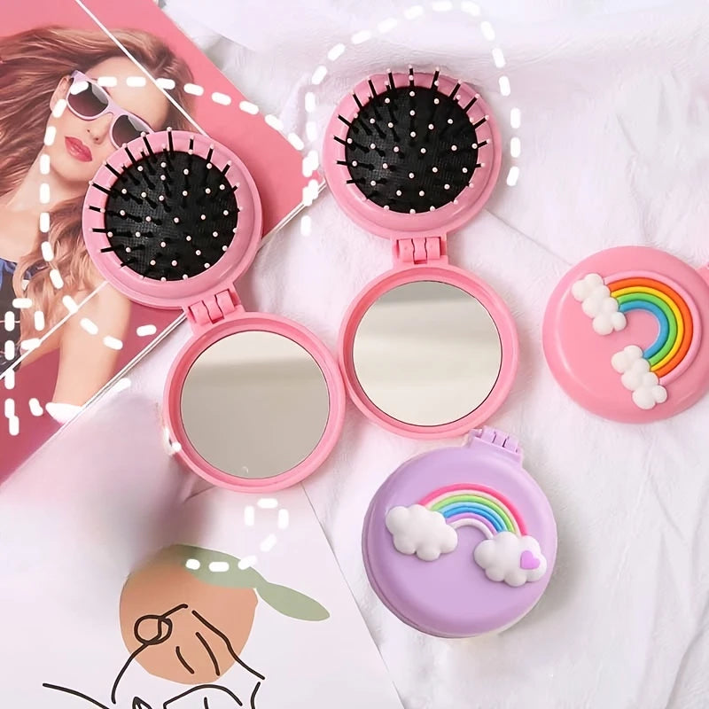 Cute Folding Mini Pocket Hair Comb with Mirror for Women and Girls Round Hair Brush Compact Travel Size Hair Massage Comb
