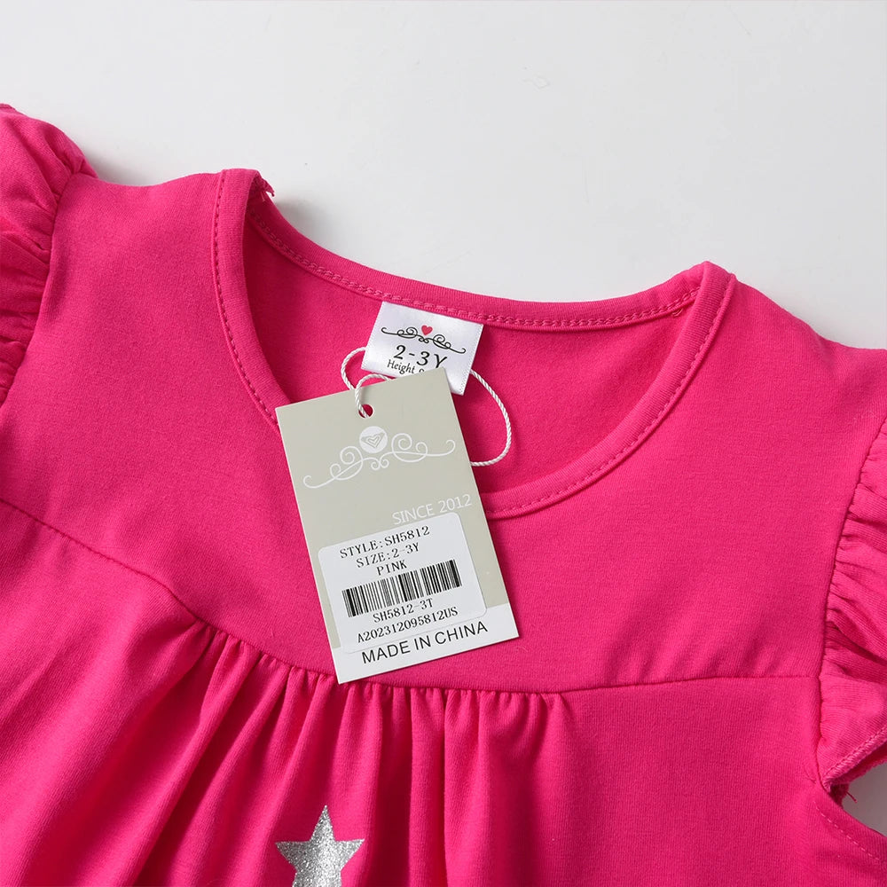 DXTON Summer Girls Dresses Unicorn Children Flying Sleeve Dress Cartoon Toddlers Casual Straight Dresses Kids Clothing 3-12 Year