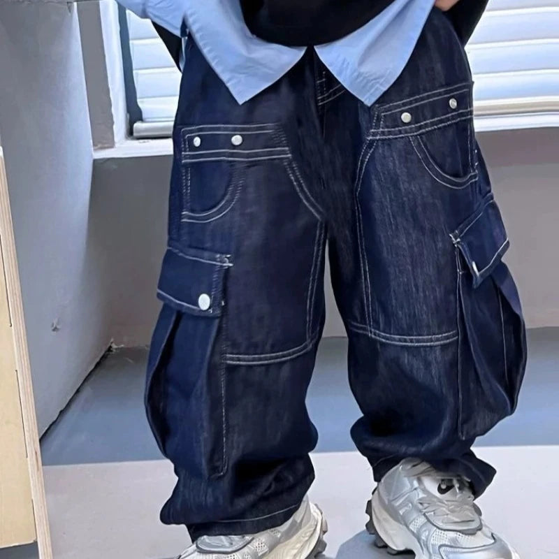 2025 New Boys' Solid Color Jeans - Loose Fit Straight Leg Kids' Long Pants with Pockets, Trendy & Stylish Denim for Active Boys