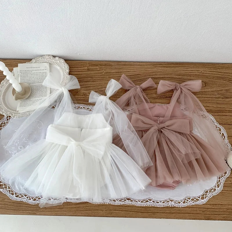 2025 Summer Baby Clothes 100 Day Baptism Birthday Party Sleeveless jumpsuit Mesh Bow Romper Girl Princess Dress