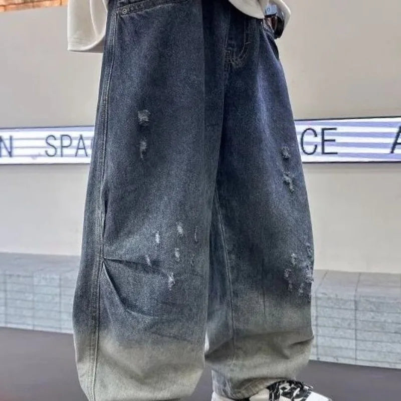 2025 New Boys' Gradient Denim Jeans Straight Leg Loose Fit Wide Pants for Kids Spring/Fall Casual Wear, Trendy & Stylish