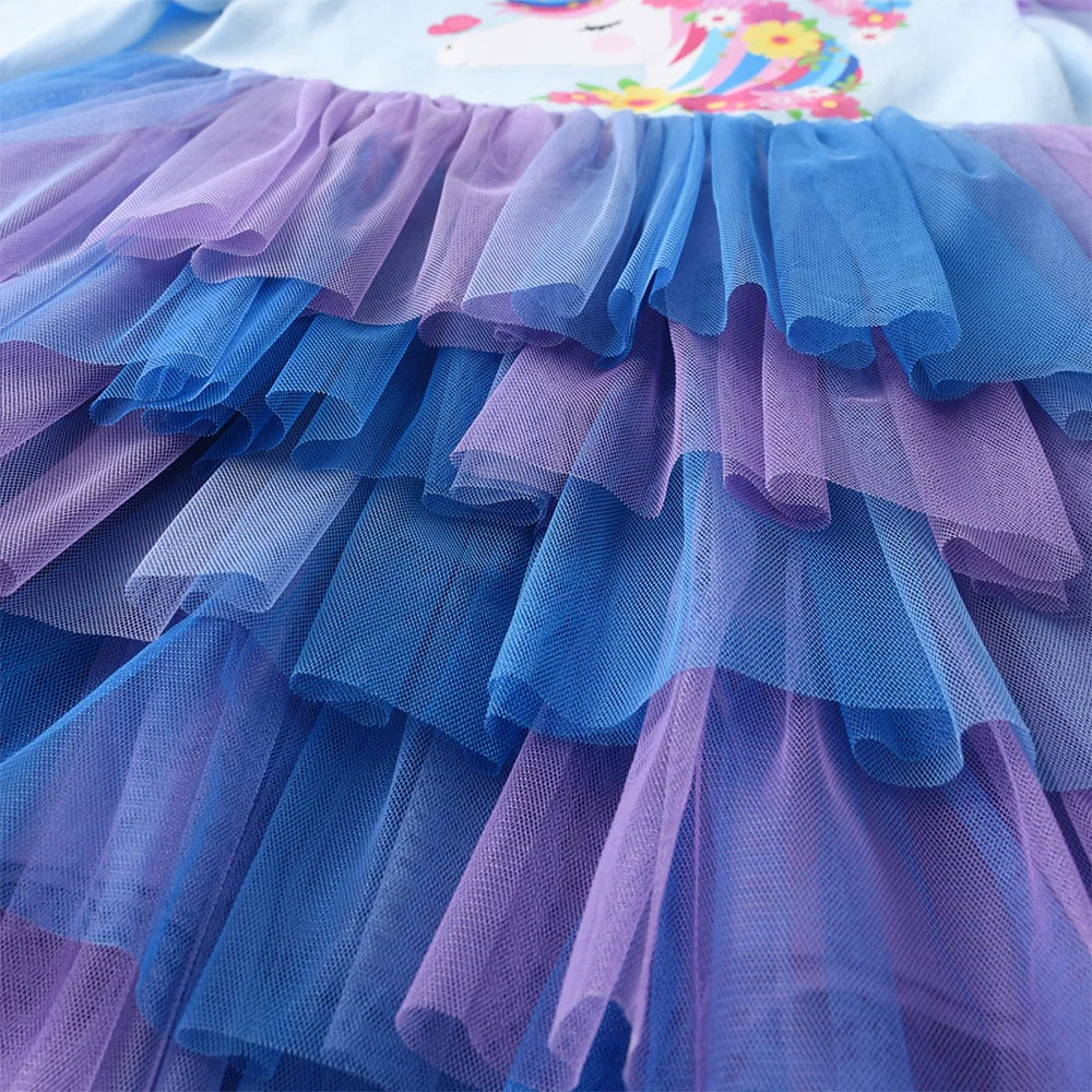 VIKITA Children Clothing Kids Licorne Flower Print Dress Kids Performance Birthday Party Prom Gown Girls Princess Tutu Dresses