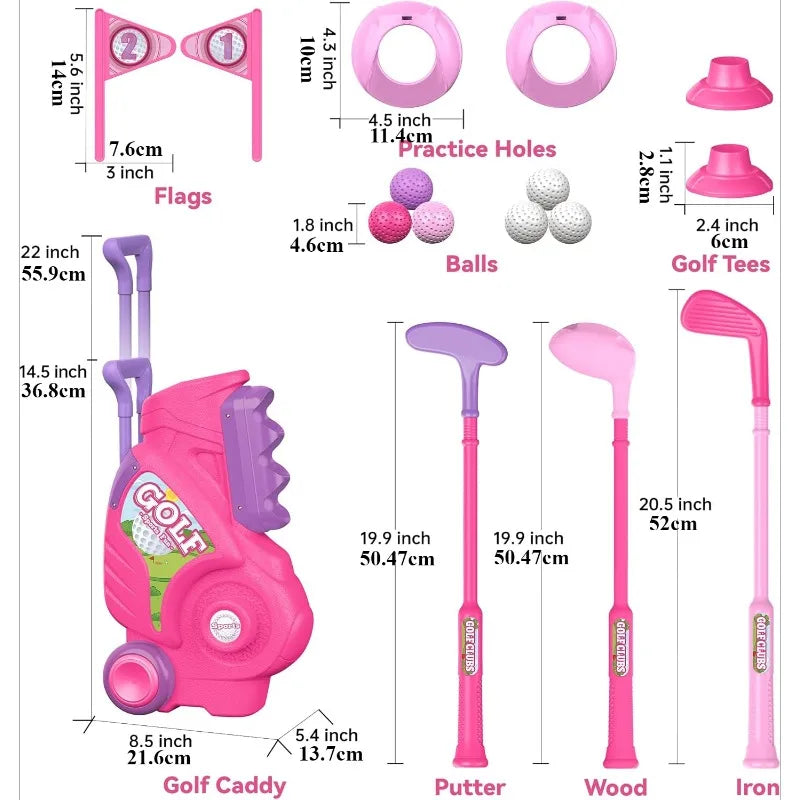 Toddler Golf Club Set Kids Golf Cart with Wheels Shoulder Strap Indoor & Outdoor Sports Toys Christmas Gift for Boys Girls