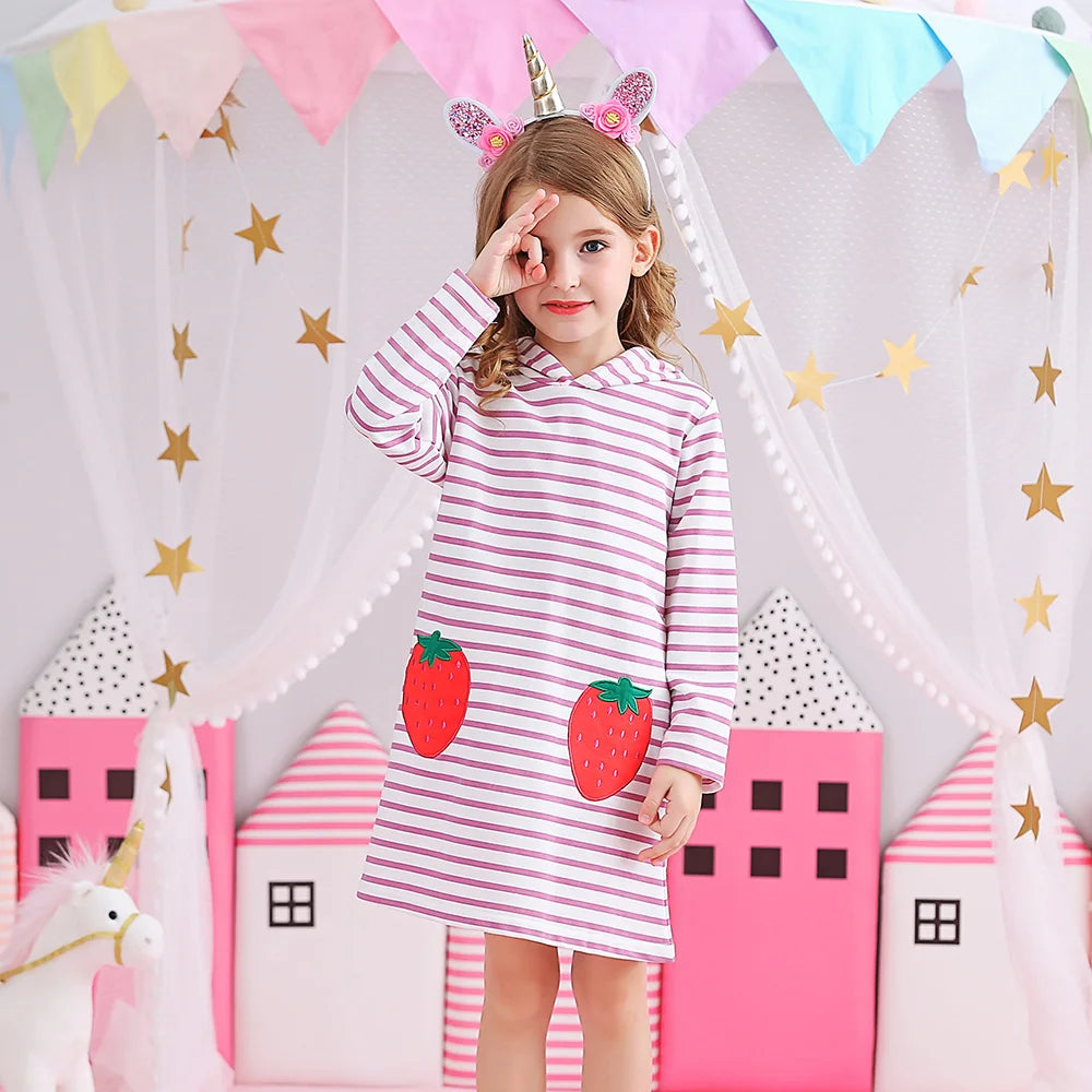 VIKITA Girls Autumn Hoodies Strawberry Pink Striped Straight Dresses Kids Sports Street Fashion Casual Cotton Hoodies Dress
