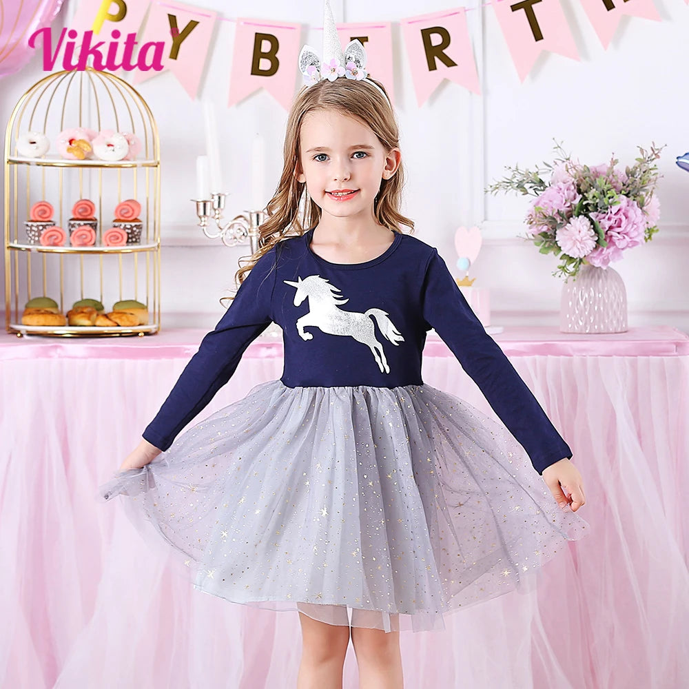 VIKITA Girls Unicorn Print Dress Kids Sequins Princess Dresses Kids Long Sleeve Autumn Spring Patchwork Mesh Tulle Cute Dresses