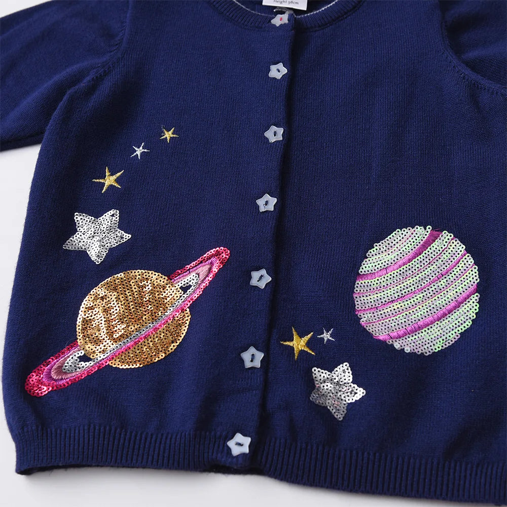 VIKITA Toddlers Navy Blue Gardigan with Sequined Planet Star Appliqued Kids Autumn Spring Fashion Casual Outfits Sweaters 3 Yrs