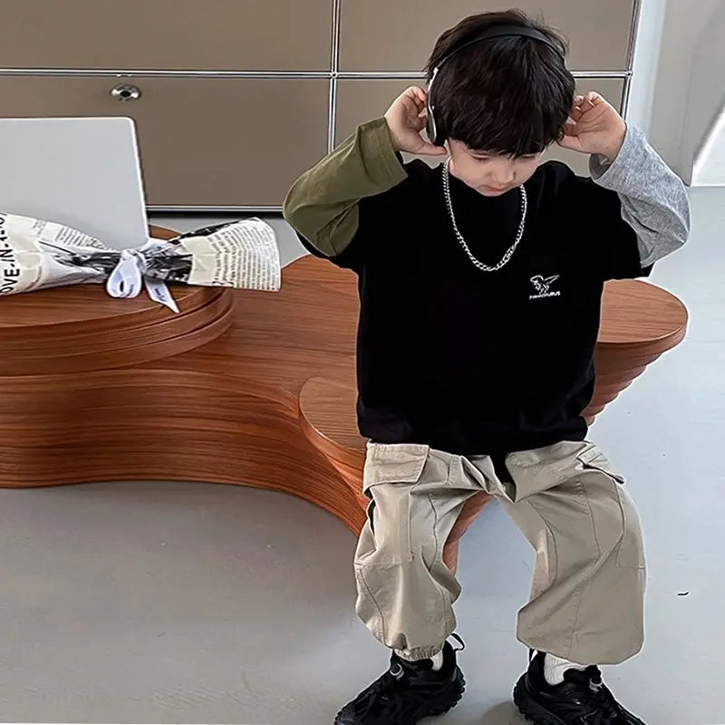 False Two-piece Casual Round Neck Boys' Top 3 Year Old Boy Clothes Children's T-shirt Kids Long Sleeve Tee Clothing 7 14 Years 8