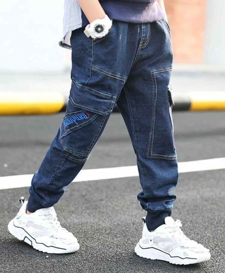 Autumn Winter Boys Fleece-Lined Cargo Pants/Korean Style Thickened Jeans for Toddler Boys