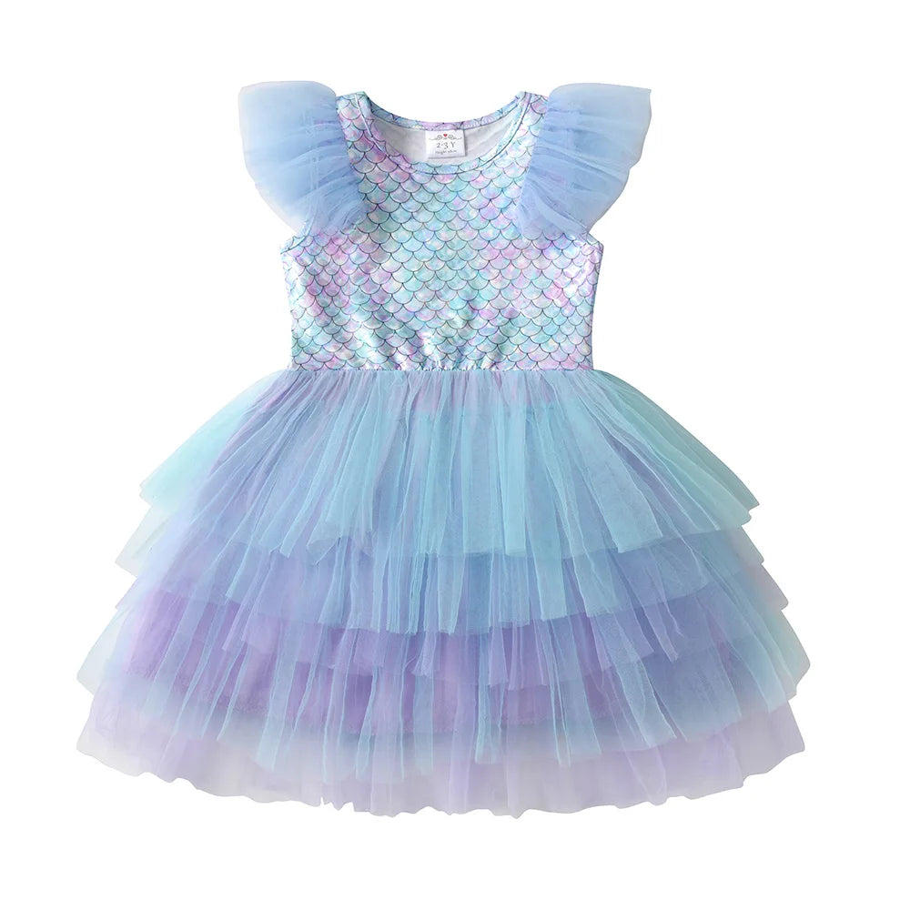 VIKITA Girls Flare Sleeve Summer Dress Kids Mermaid Print Birthday Party Travel Beach Princess Dresses Girls Mesh Tulle Dress