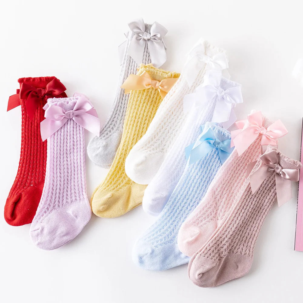 Limit quantity 0-2Y Children Girls Royal Style Bow Knee High Fishnet Socks Baby Toddler Bowknot Socks Kid Hollow Out Sock Sox