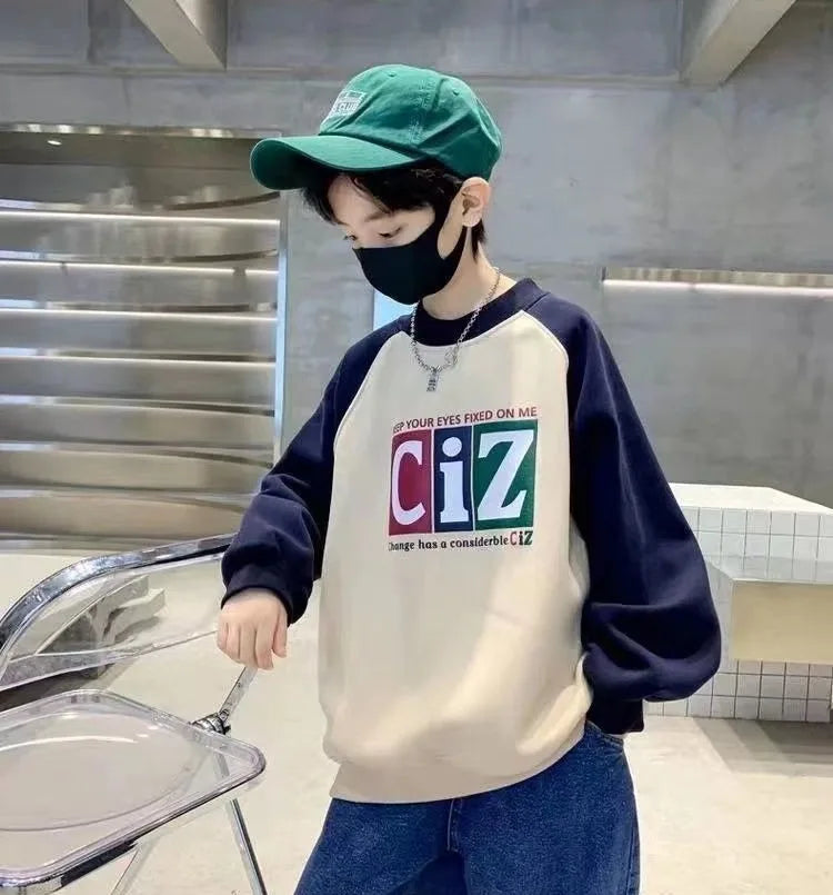 Boys' Medium-Large 2025 New Arrival No Hood Street-Style Korean Trendy Layering Top Kids Sweatshirt for Spring/Autumn