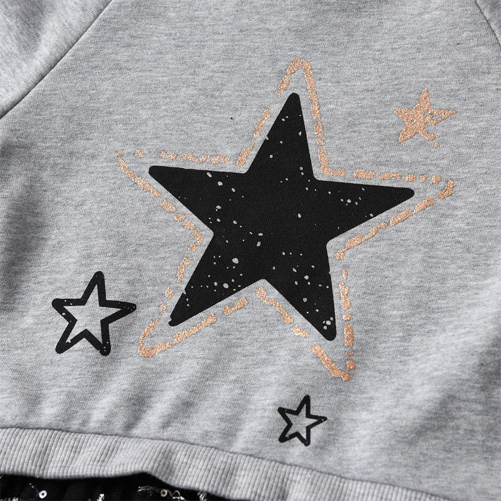 Girls Grey Sweatshirt Dress Kids Black Star Print Thick Dress with Tulle Skirt Toddlers Long Sleeve Outfit for Casual Party Wear