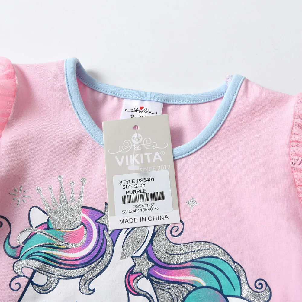 VIKITA Girls Clothing Sets for Summer Kids Unicorn Cartoon Print Short Sleeve Cotton T Shirt and Ruffles Shorts Pants 2 Pcs Suit